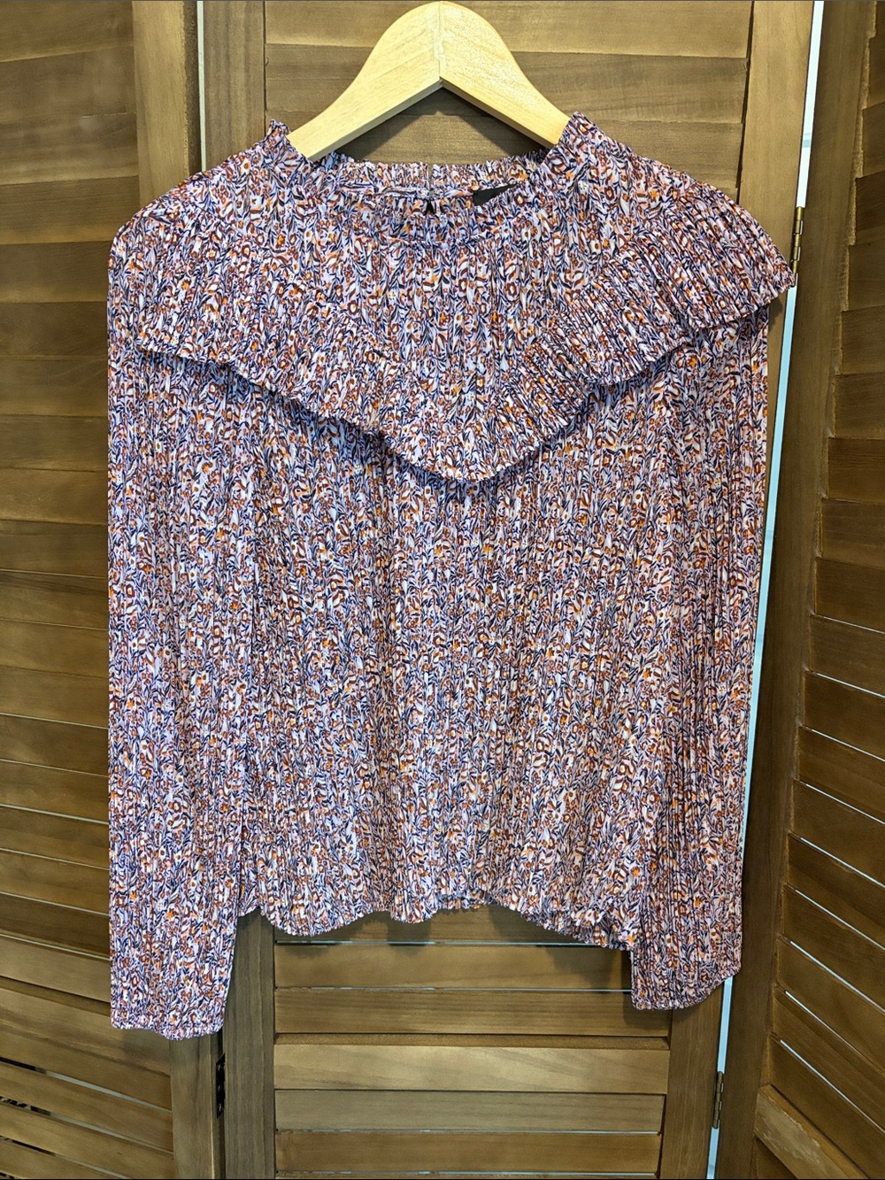 J. Crew Printed Ruffle-Yoke Long Sleeve Blouse in Rust, Blue and Cream